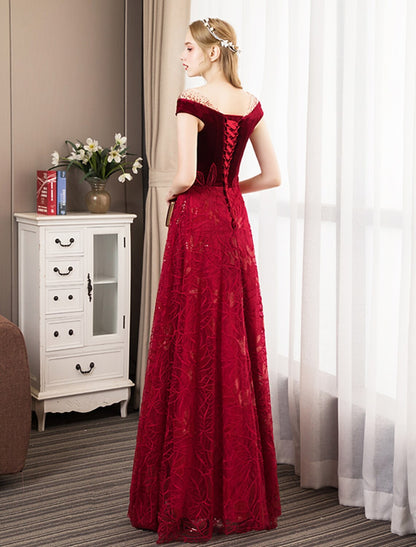 A-Line Prom Dresses Glittering Dress Engagement Floor Length Short Sleeve Jewel Neck Tulle with Pleats Crystals Pattern