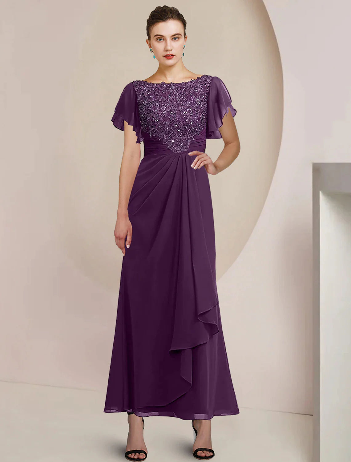 A-Line Mother of the Bride Dress Formal Wedding Guest Elegant Scoop Neck Tea Length Chiffon Lace 3/4 Length Sleeve with Beading Sequin Appliques