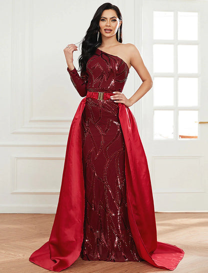 Mermaid / Trumpet Evening Gown Sexy Dress Formal Court Train Long Sleeve One Shoulder Polyester with Sequin