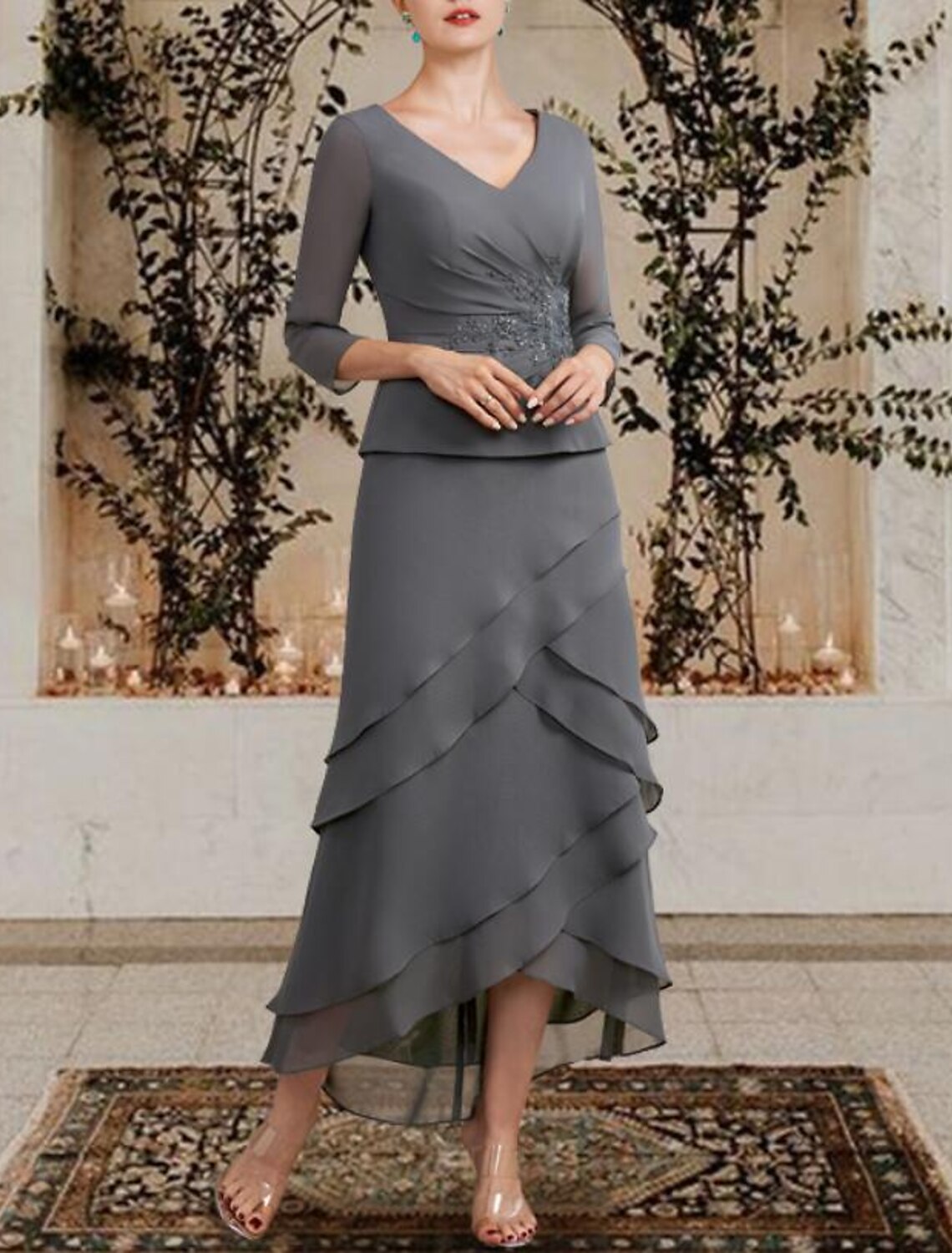 A-Line Mother of the Bride Dress Plus Size Elegant High Low V Neck Asy