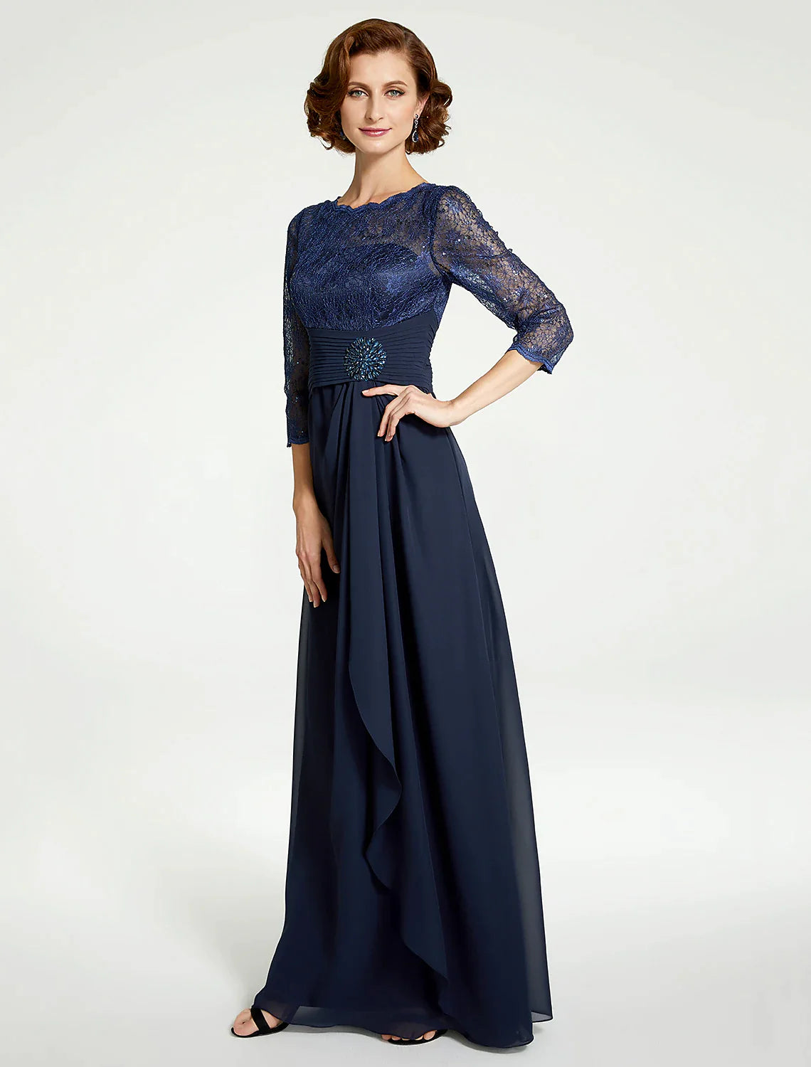 A-Line Mother of the Bride Dress Jewel Neck Floor Length Chiffon Lace 3/4 Length Sleeve with Lace Ruching