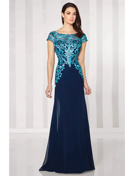 A-Line Mother of the Bride Dress Elegant Jewel Neck Floor Length Chiffon Lace Short Sleeve with Lace Appliques