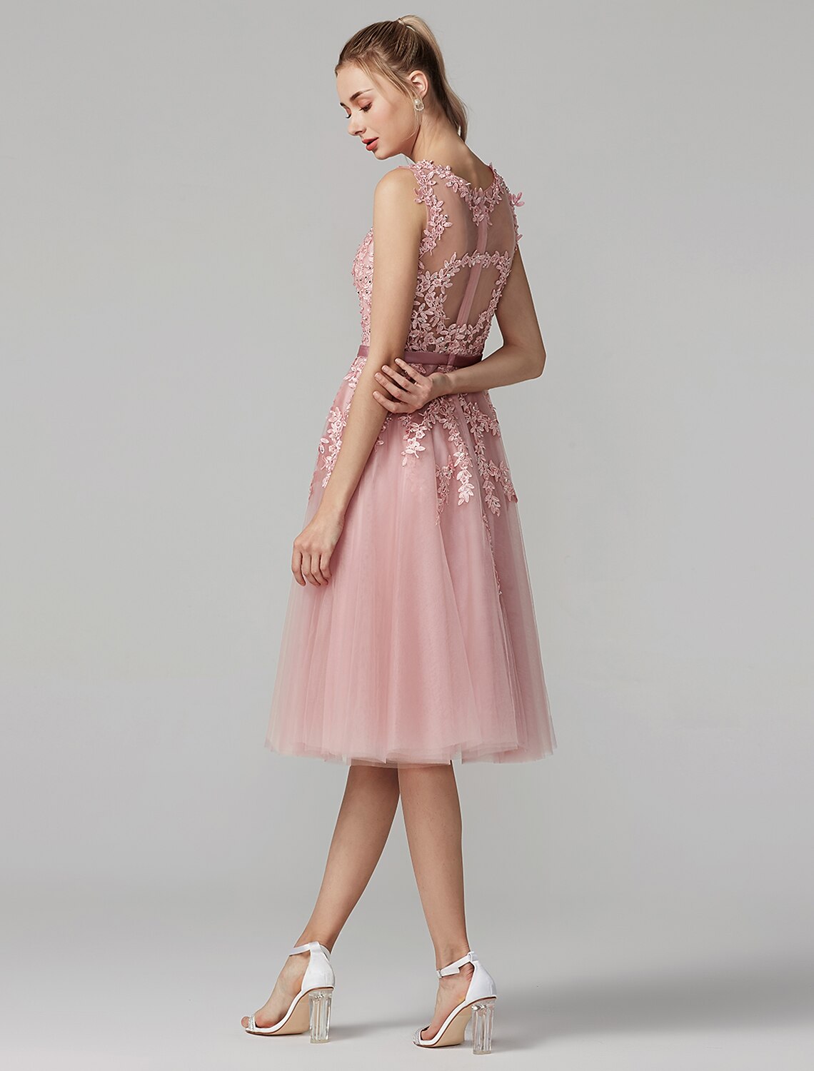 A-Line Cute Dress Cocktail Party Knee Length Sleeveless Illusion Neck Tulle Over Lace with Beading Appliques