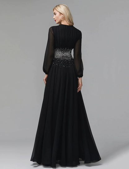 A-Line Evening Dress Celebrity Red Carpet Formal Gown Black Tie Wedding Guest Floor Length Long Sleeve V Neck Chiffon with Sequin