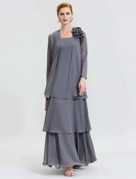 A-Line Mother of the Bride Dress Formal Floral Convertible Dress Scoop Neck Floor Length Chiffon Long Sleeve Wrap Included with Beading Flower Tiered