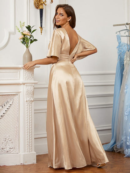 A-Line/Princess Silk like Satin Ruched V-neck Short Sleeves Floor-Length Dresses