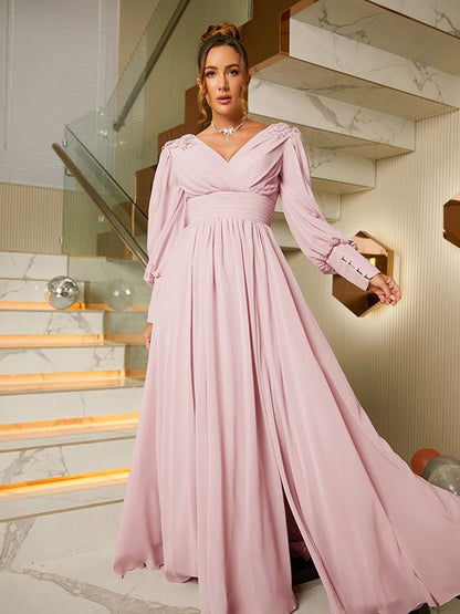 A-Line/Princess Chiffon Ruffles V-neck Long Sleeves Floor-Length Dresses