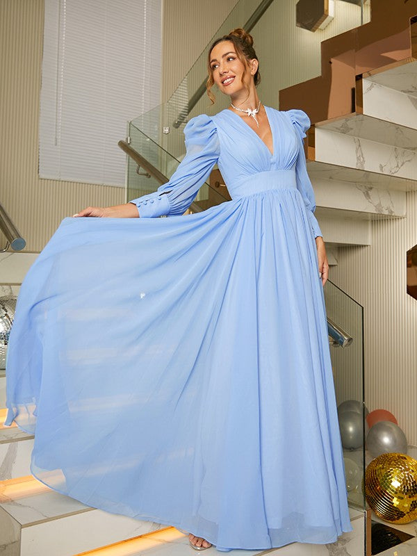 A-Line/Princess Chiffon Ruched V-neck Long Sleeves Floor-Length Dresses