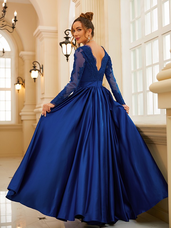 A-Line/Princess Satin Lace V-neck Long Sleeves Floor-Length Dresses