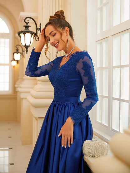 A-Line/Princess Satin Lace V-neck Long Sleeves Floor-Length Dresses