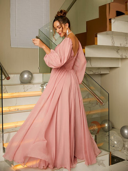 A-Line/Princess 30D Chiffon Ruched V-neck Long Sleeves Floor-Length Dresses