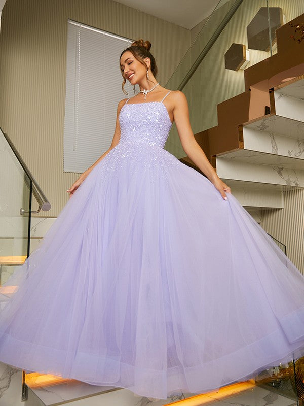 A-Line/Princess Tulle Beading Spaghetti Straps Sleeveless Floor-Length Dresses