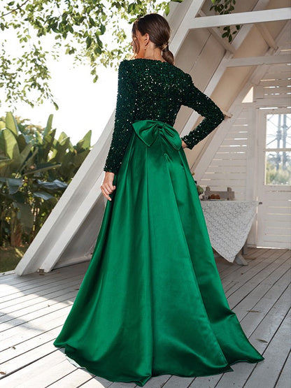 A-Line/Princess Velvet Sequins Bowknot V-neck Long Sleeves Sweep/Brush Train Dresses