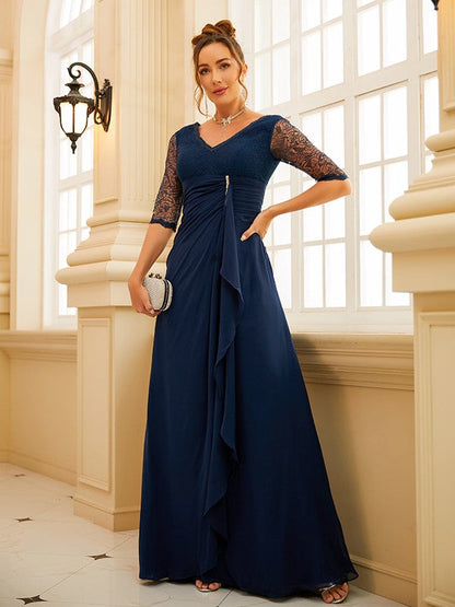 A-Line/Princess Chiffon Ruched V-neck 1/2 Sleeves Floor-Length Dresses
