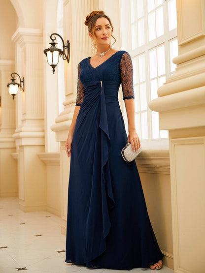 A-Line/Princess Chiffon Ruched V-neck 1/2 Sleeves Floor-Length Dresses