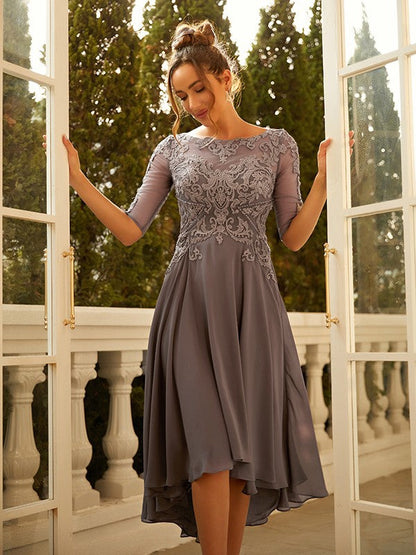 A-Line/Princess Chiffon Applique Scoop 1/2 Sleeves Asymmetrical Dresses