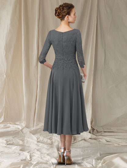 A-Line Mother of the Bride Dress Elegant Jewel Neck Tea Length Chiffon Lace 3/4 Length Sleeve with Pleats Appliques