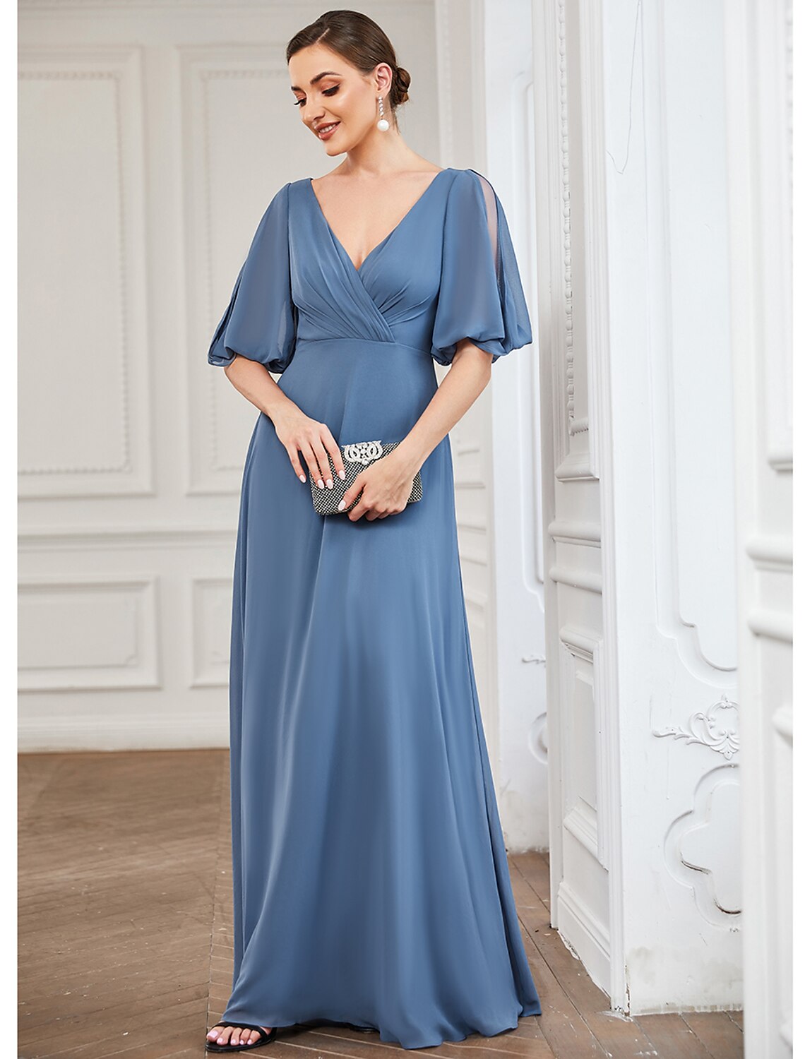 A-Line Evening Gown Minimalist Dress Wedding Guest Floor Length Half Sleeve V Neck Chiffon with Pleats
