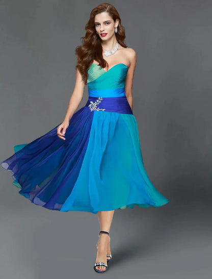 A-Line Wedding Guest Dresses Color Block Dress Summer Tea Length Short Sleeve Strapless Chiffon with Ruched