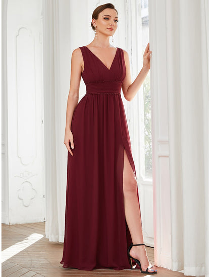A-Line Evening Gown Minimalist Dress Wedding Guest Floor Length Sleeveless V Neck Chiffon with Pleats