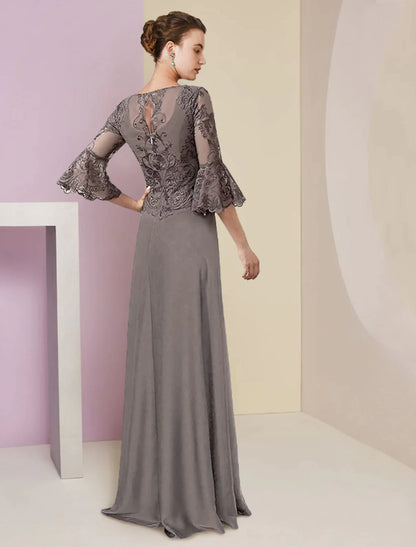 A-Line Mother of the Bride Dress Formal Elegant V Neck Sweep / Brush Train Lace Stretch Chiffon 3/4 Length Sleeve with Beading Appliques