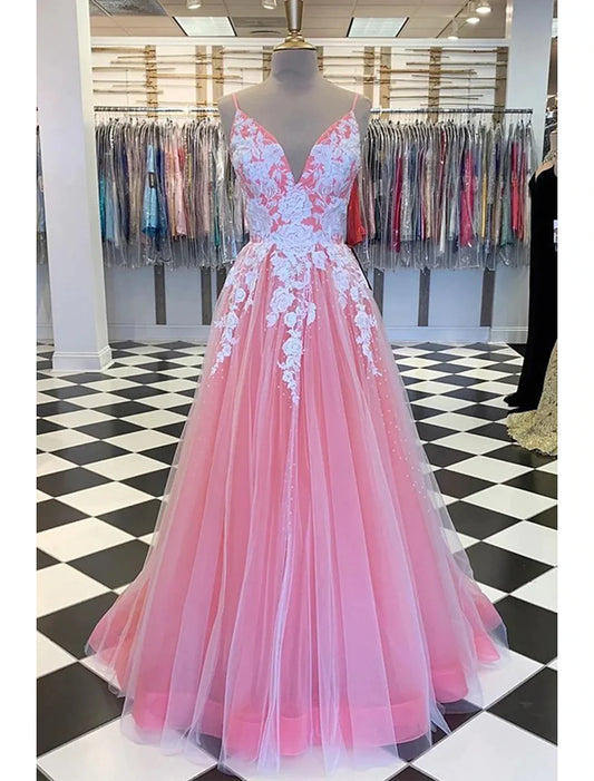 A-Line Prom Dresses Princess Dress Formal Floor Length Sleeveless V Neck Tulle with Pleats Appliques