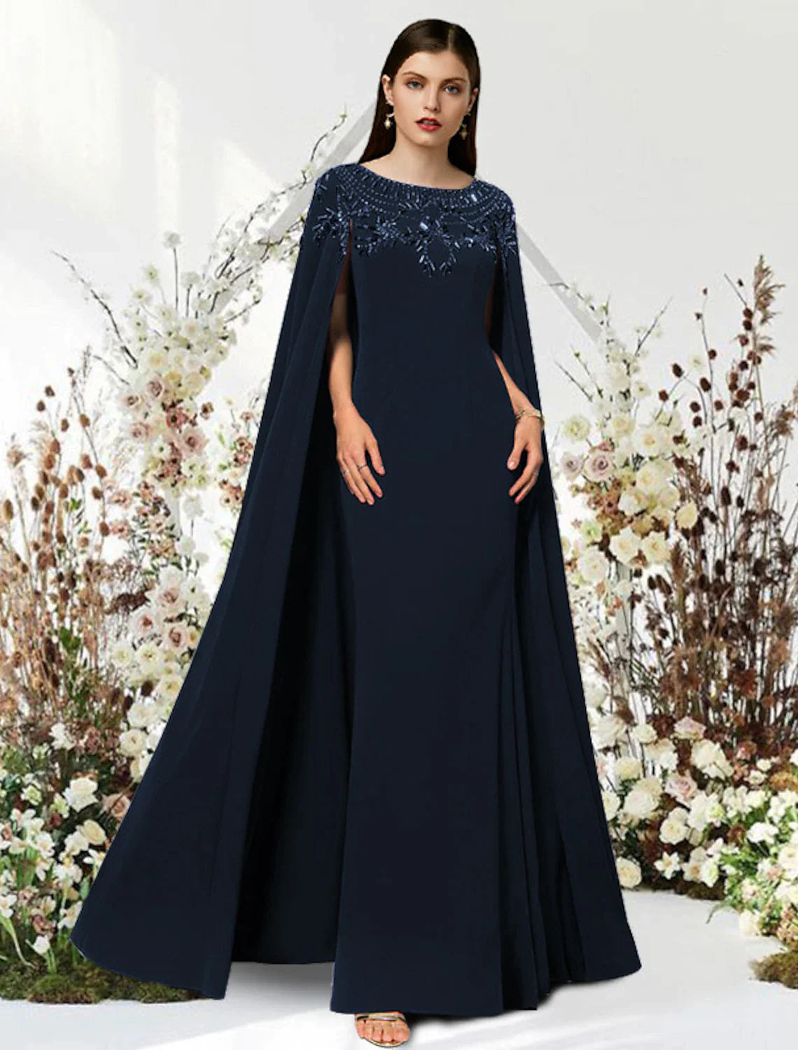 Sheath / Column Prom Dresses Empire Dress Engagement Sweep / Brush Train Sleeveless Jewel Neck Stretch Chiffon with Beading