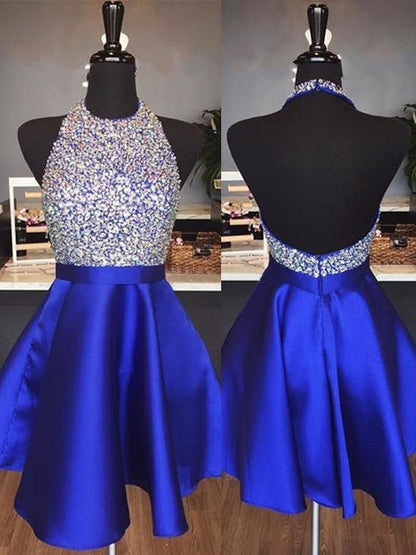 A-Line Halter Cut Short With Beading Satin Royal Blue Homecoming Dresses