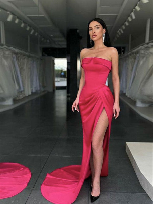 Sheath/Column Elastic Woven Satin Ruched Strapless Sleeveless Sweep/Brush Train Dresses