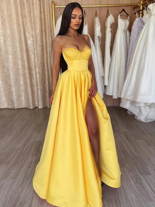 A-Line/Princess Satin Ruffles Spaghetti Straps Sleeveless Floor-Length Dresses