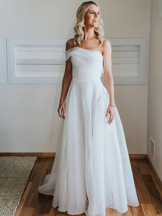 A-Line/Princess Organza Ruched One-Shoulder Sleeveless Court Train Wedding Dresses