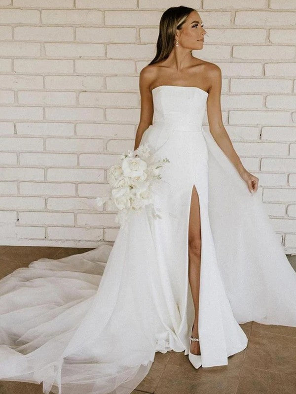 A-Line/Princess Stretch Crepe Ruched Strapless Sleeveless Cathedral Train Wedding Dresses