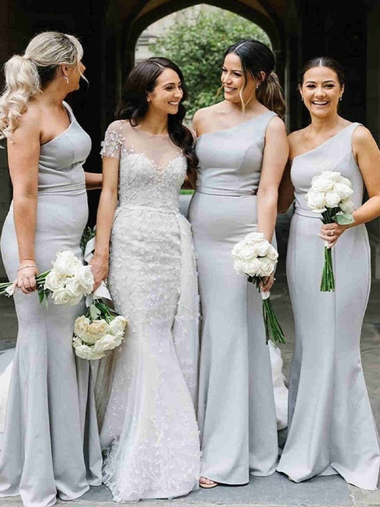 Trumpet/Mermaid Stretch Crepe Ruched One-Shoulder Sleeveless Floor-Length Bridesmaid Dresses