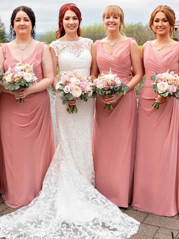 Sheath/Column Chiffon Ruched V-neck Sleeveless Floor-Length Bridesmaid Dresses