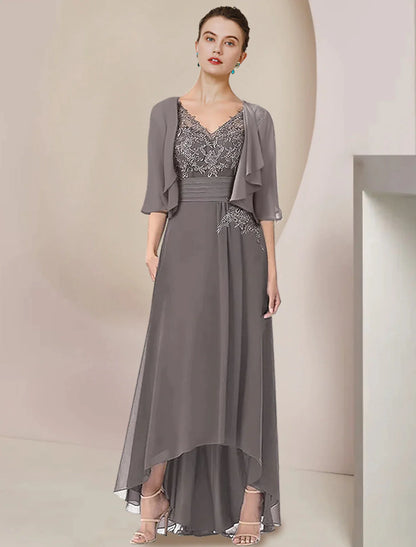 Two Piece A-Line Mother of the Bride Dress Formal Wedding Guest Elegant High Low V Neck Asymmetrical Tea Length Chiffon Lace 3/4 Length Sleeve Wrap Included with Ruched Appliques