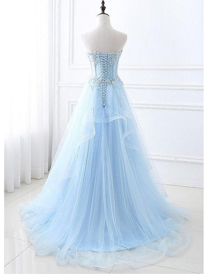 A-Line Sexy Floral Engagement Prom Birthday Dress Strapless Sleeveless Sweep / Brush Train Lace with Pleats Lace Insert