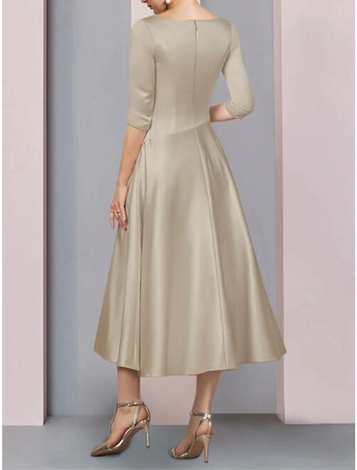 A-Line Mother of the Bride Dress Fall Wedding Guest Vintage Plus Size Elegant V Neck Tea Length Satin 3/4 Length Sleeve with Pleats