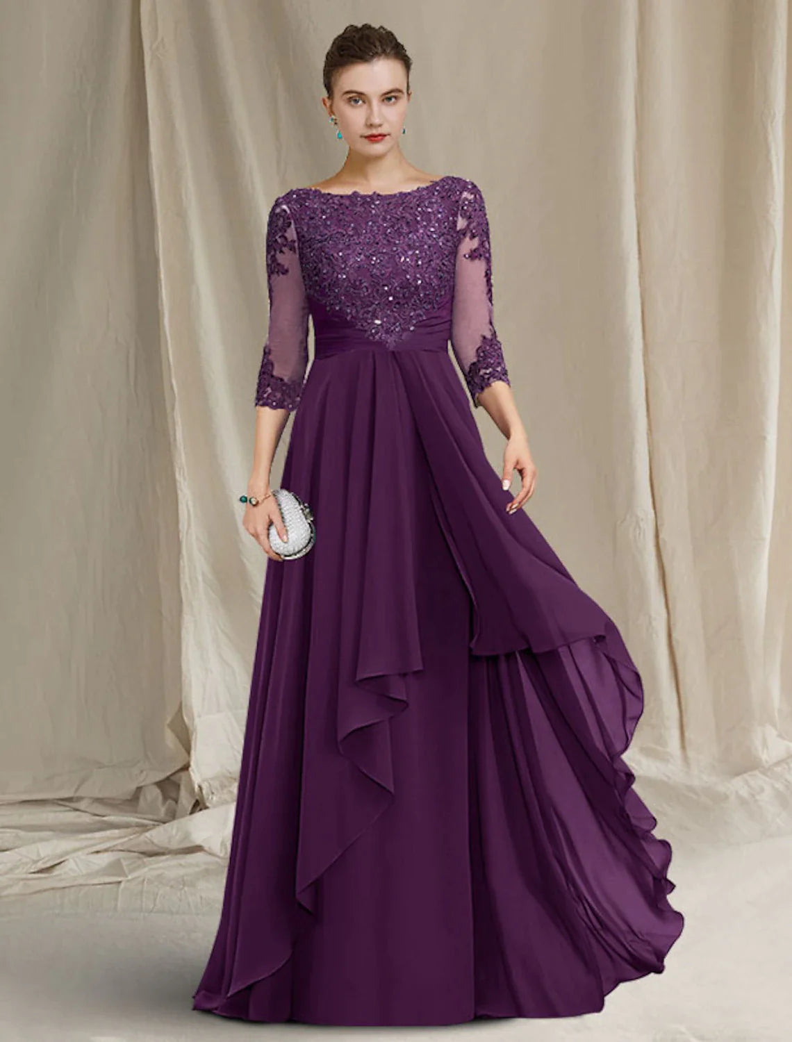 A-Line Mother of the Bride Dress Luxurious Elegant Jewel Neck Floor Length Chiffon Lace Sequined 3/4 Length Sleeve with Pleats Beading Appliques