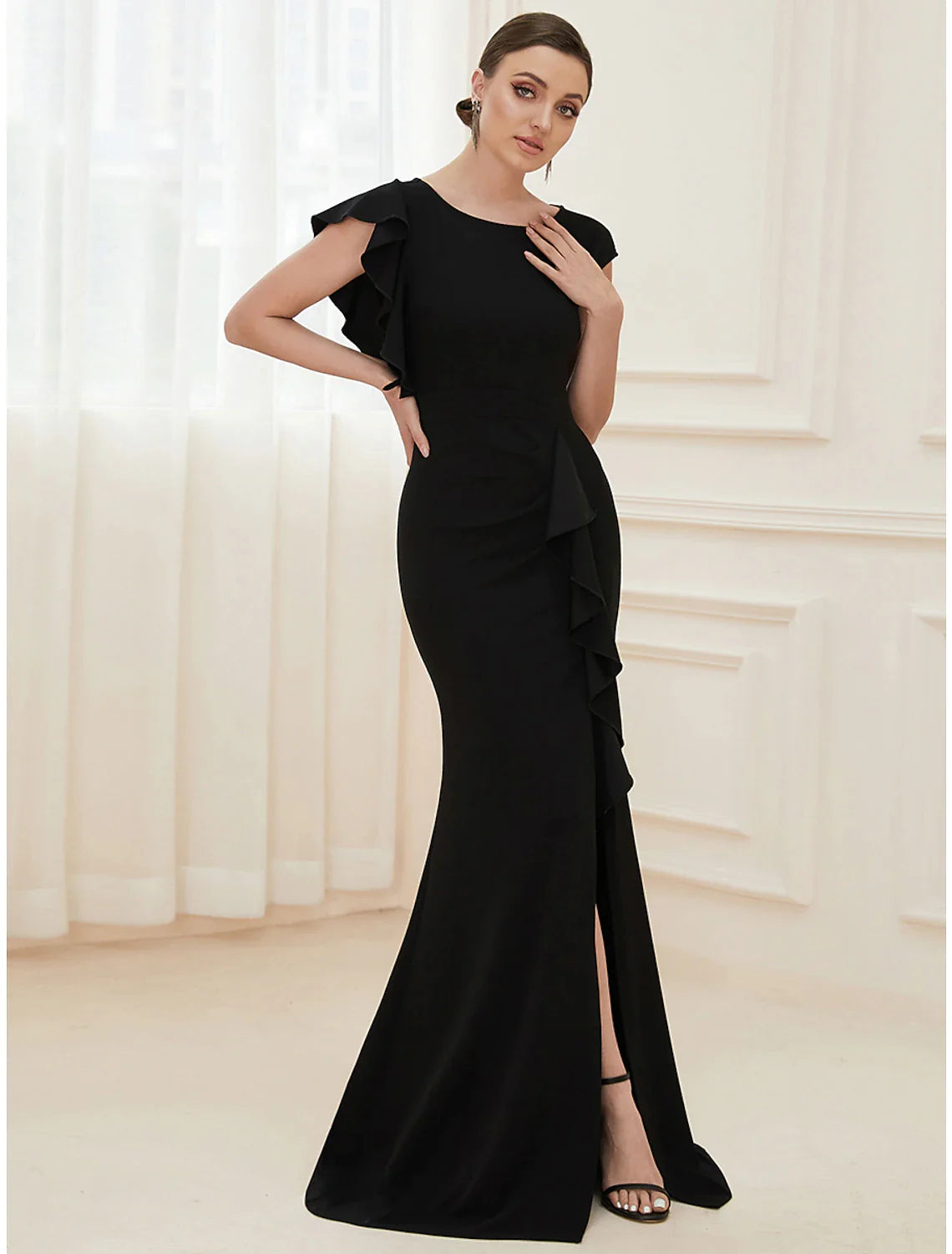 Mermaid / Trumpet Evening Gown Vintage Dress Formal Floor Length Short Sleeve Jewel Neck Nylon with Ruffles Slit