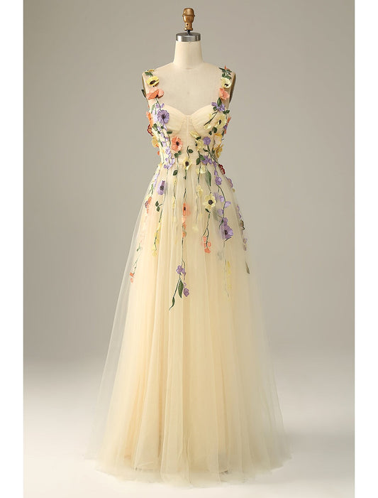 A-Line Wedding Guest Dresses Floral Dress Holiday Floor Length Sleeveless Spaghetti Strap Tulle with Appliques