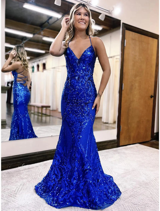 Mermaid / Trumpet Prom Dresses Sparkle & Shine Dress Formal Sweep / Brush Train Sleeveless V Neck Sequined Backless with Glitter Sequin