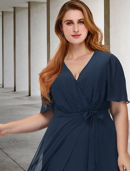 A-Line Plus Size Curve Mother of the Bride Dresses Elegant Dress Formal Asymmetrical Short Sleeve V Neck Chiffon with Bow(s) Slit