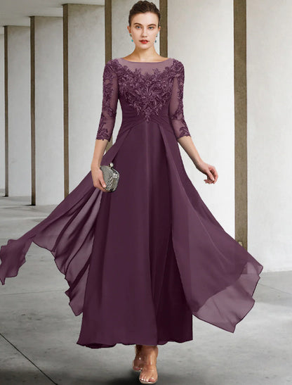 A-Line Mother of the Bride Dress Wedding Guest Plus Size Elegant Jewel Neck Ankle Length Chiffon Lace 3/4 Length Sleeve with Ruched Sequin Appliques