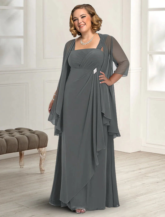 Two Piece A-Line Mother of the Bride Dress Plus Size Elegant Square Neck Floor Length Chiffon Sleeveless Jacket Dresses with Pleats