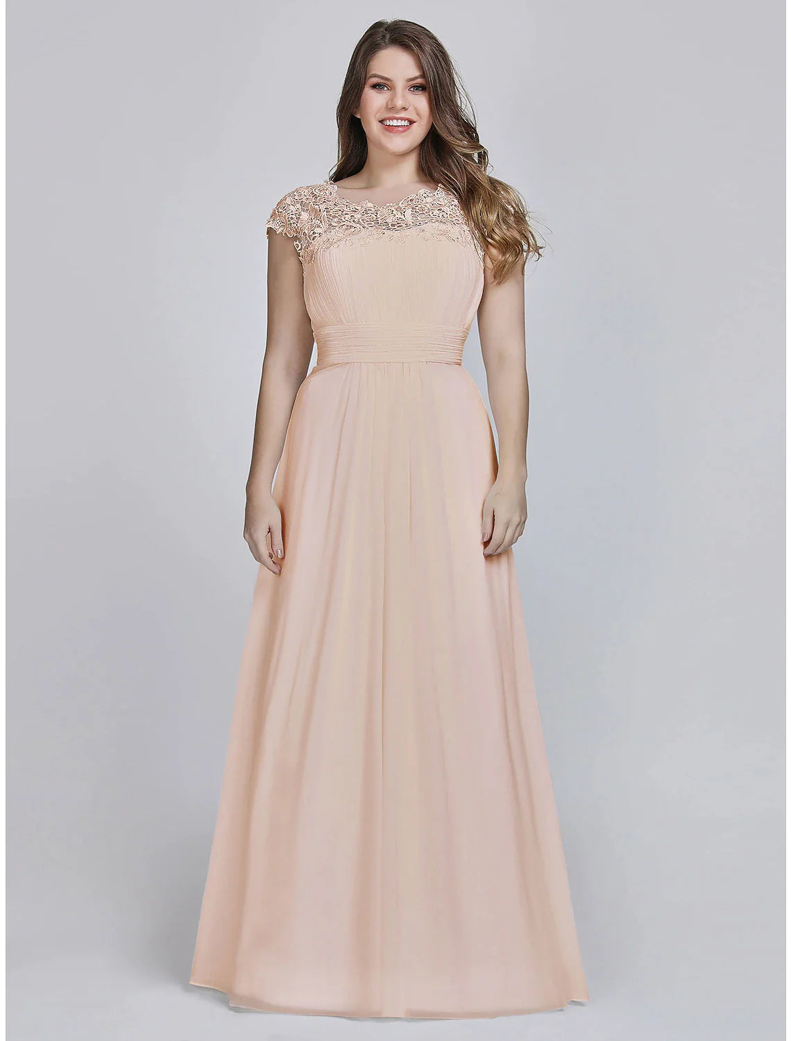 A-Line Mother of the Bride Dress Plus Size Jewel Neck Floor Length Chiffon Short Sleeve with Lace Ruching