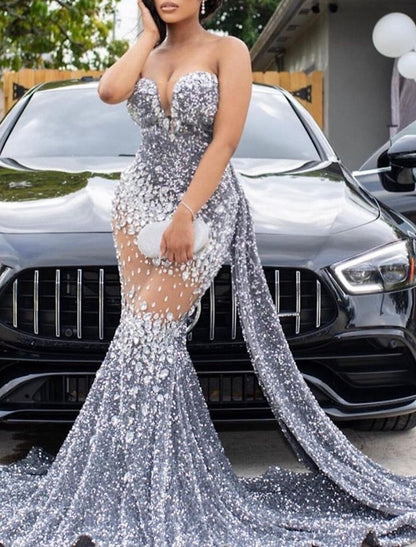Mermaid / Trumpet Evening Gown Sparkle & Shine Dress Formal Court Train Sleeveless Strapless African American Sequined with Beading Sequin