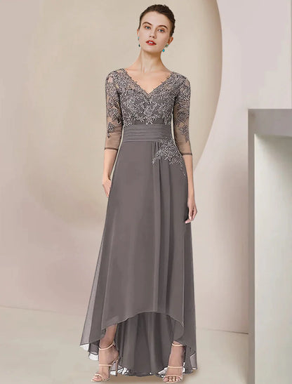 Two Piece A-Line Mother of the Bride Dress Formal Wedding Guest Elegant High Low V Neck Asymmetrical Tea Length Chiffon Lace 3/4 Length Sleeve Wrap Included with Ruched Appliques