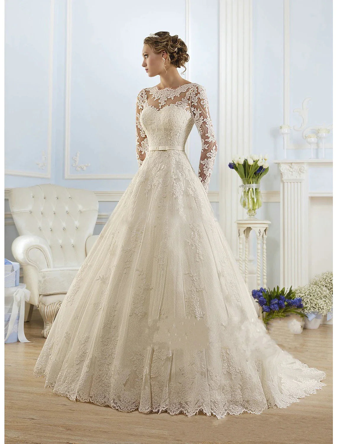 Engagement Formal Fall Wedding Dresses Ball Gown Illusion Neck Long Sleeve Court Train Lace Bridal Gowns With Appliques