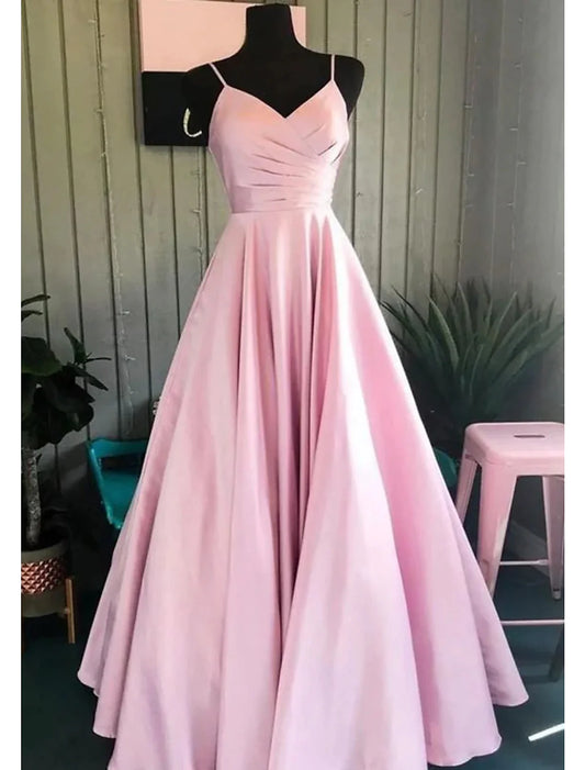 A-Line Prom Dresses Minimalist Dress Formal Floor Length Sleeveless V Neck Stretch Satin Backless with Pleats Ruched