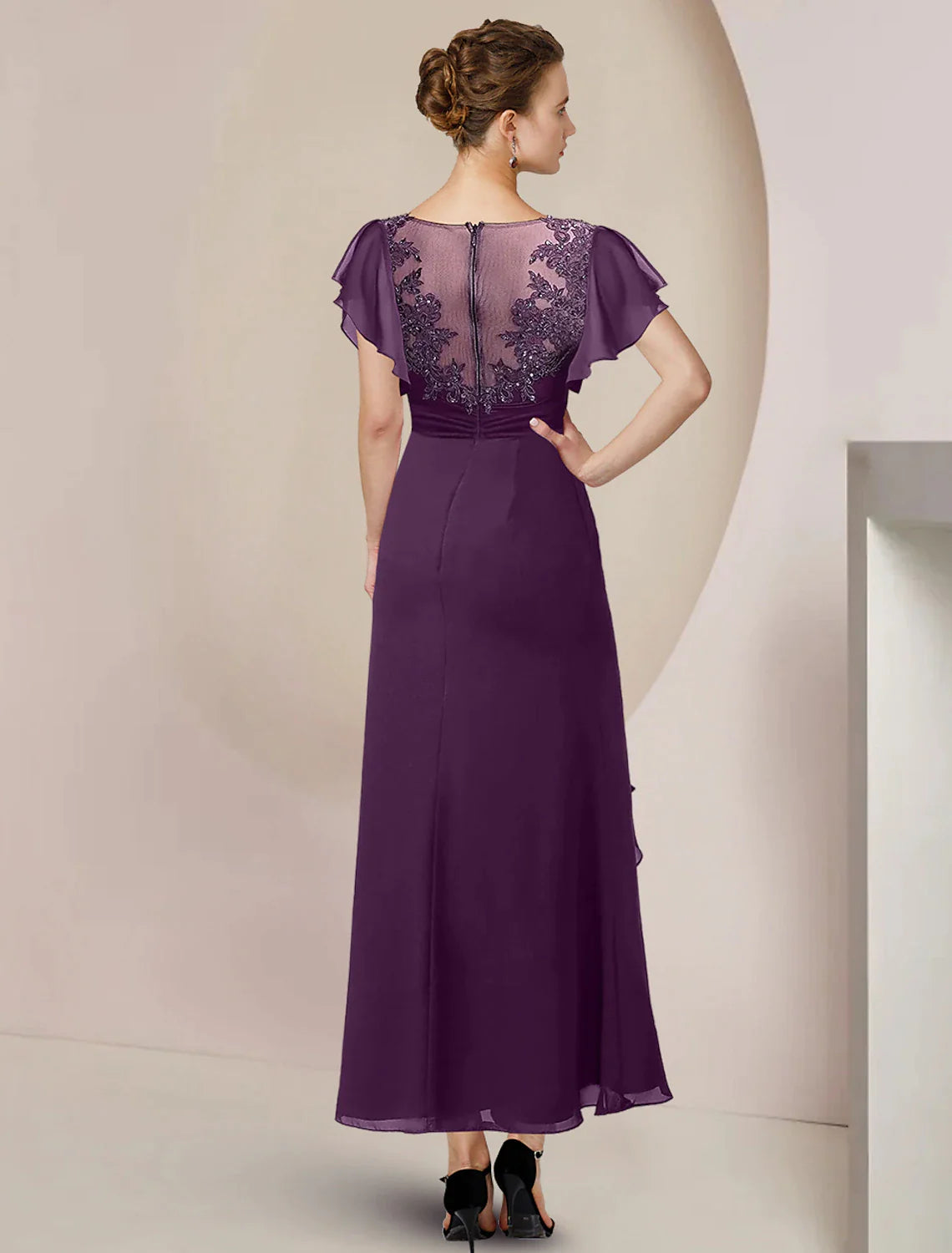 A-Line Mother of the Bride Dress Formal Wedding Guest Elegant Scoop Neck Tea Length Chiffon Lace 3/4 Length Sleeve with Beading Sequin Appliques